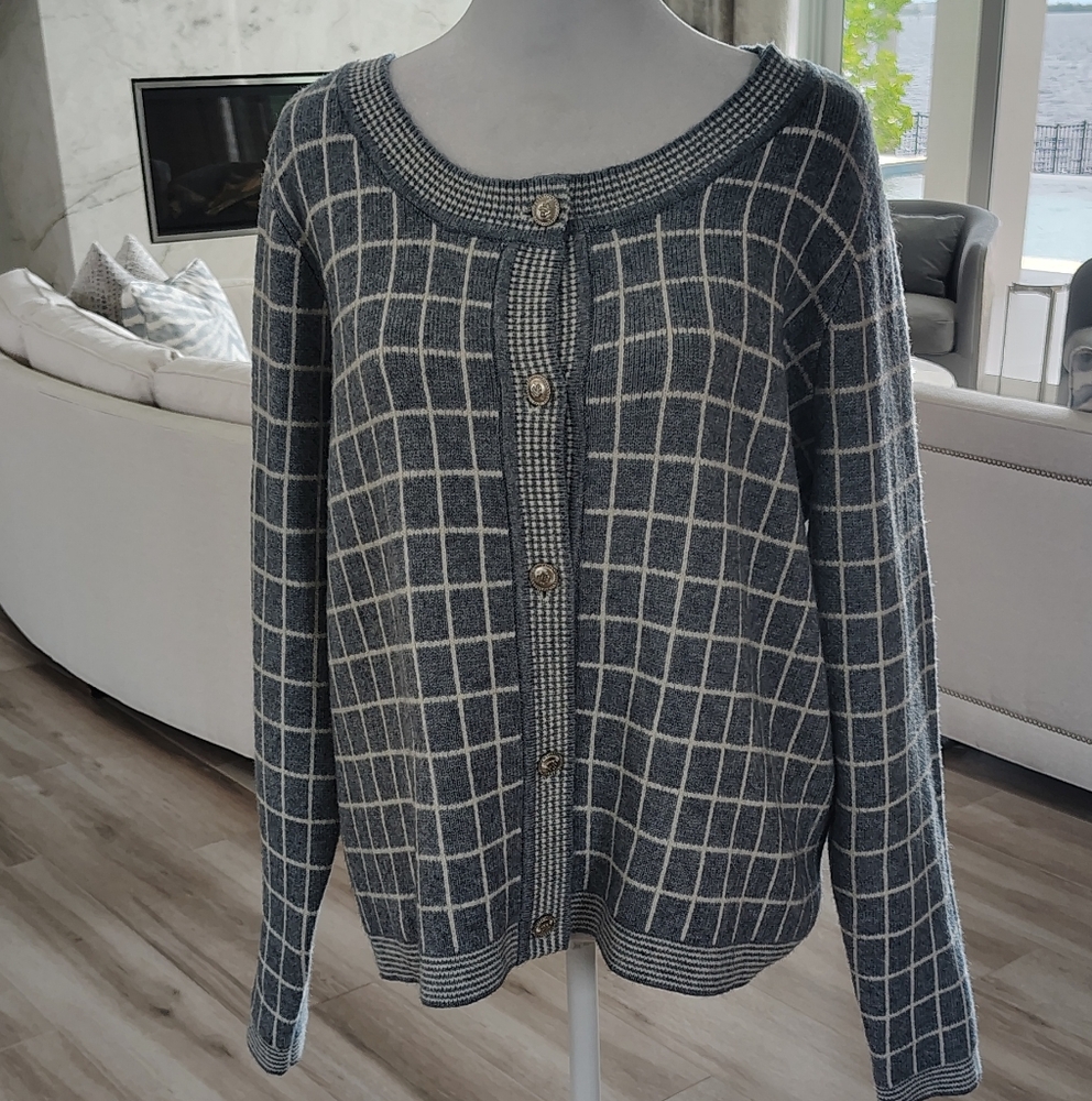 Cyrus Blue and Cream Grid Cardigan - Picture 2 of 9
